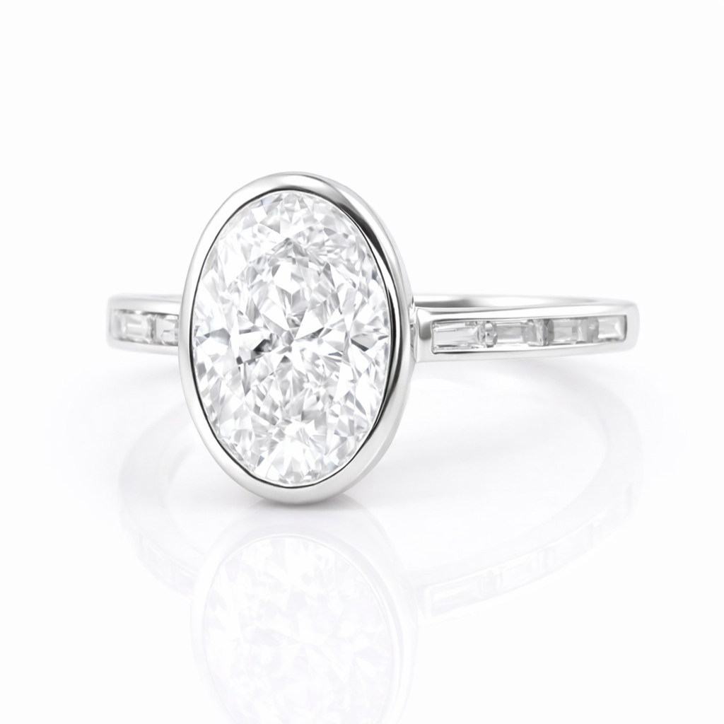 2.5ct Oval Bezel Setting Engagement Ring with Emerald Half Band