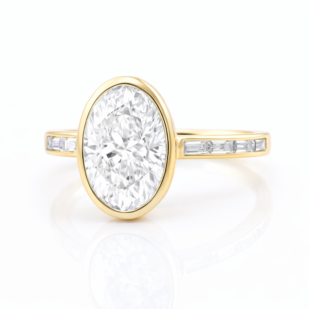 2.5ct Oval Bezel Setting Engagement Ring with Emerald Half Band
