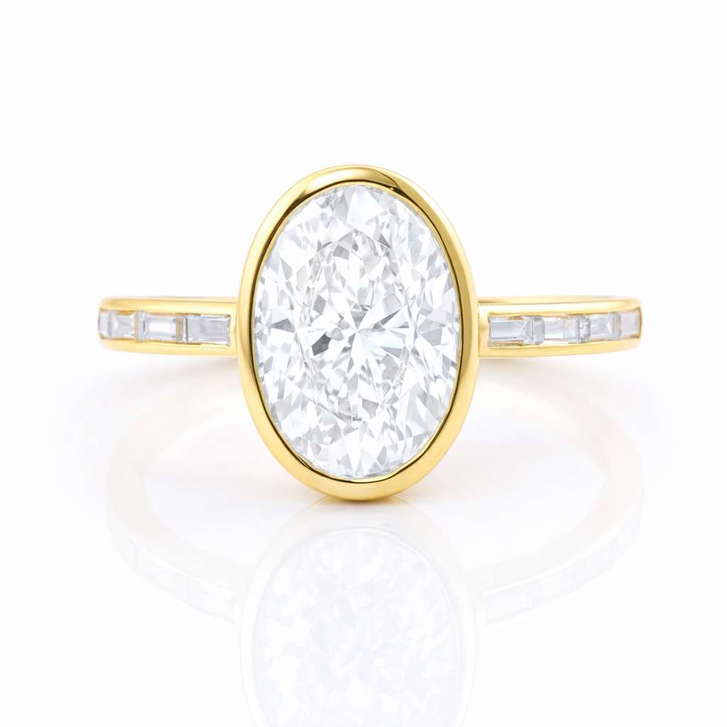 2.5ct Oval Bezel Setting Engagement Ring with Emerald Half Band