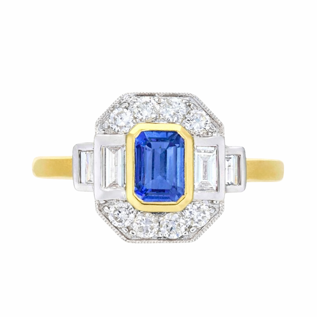 Emerald-Cut Blue Sapphire Bezel Halo Ring