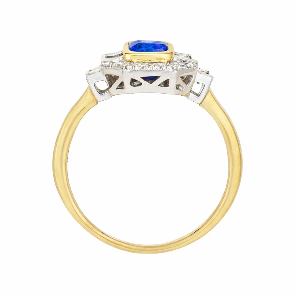 Emerald-Cut Blue Sapphire Bezel Halo Ring