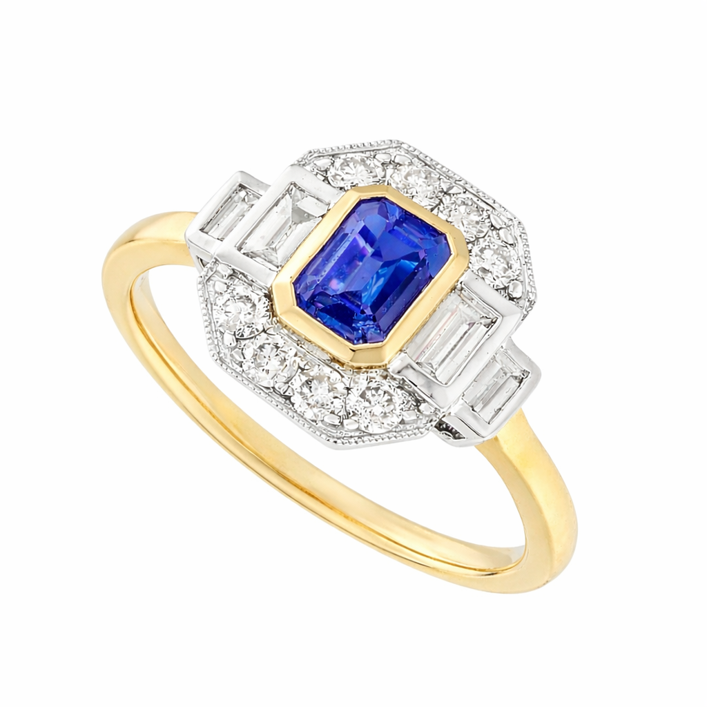 Emerald-Cut Blue Sapphire Bezel Halo Ring